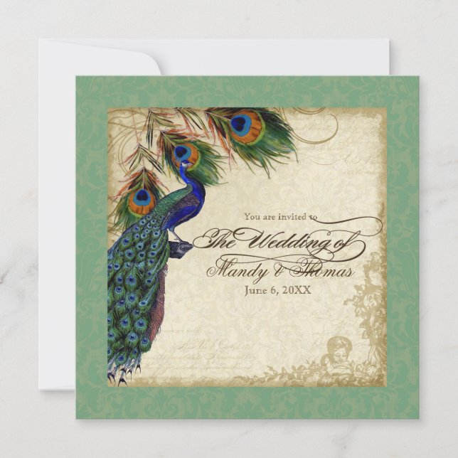 Invitation Peacock & Feather Mariage formel Inviter Vert (Devant)