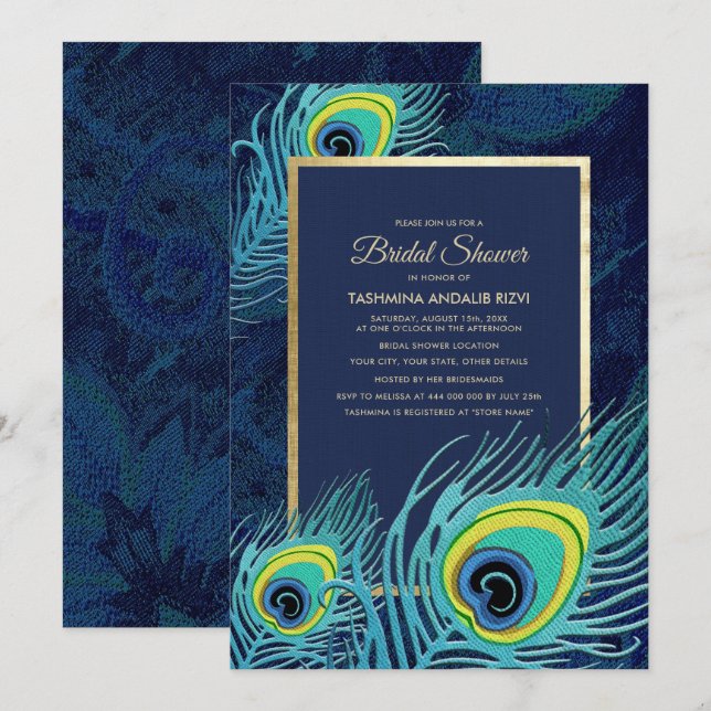 Invitation Peacock Feather Marine Blue Gold Fête des mariées (Devant / Derrière)