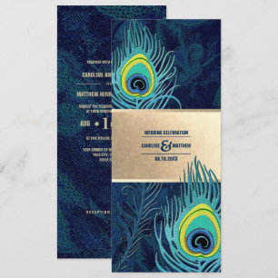 Invitation Peacock Feather Marine Blue Turquoise Gold Mariage