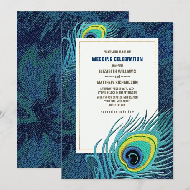 Invitation Peacock Feather Marine Mariage d'or bleu (Devant / Derrière)