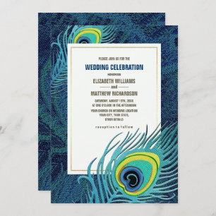 Invitation Peacock Feather Marine Mariage d'or bleu