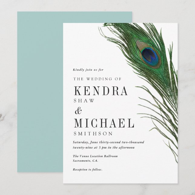 Invitation Peacock Feather Poise Green Retour Mariage Inviter (Devant / Derrière)