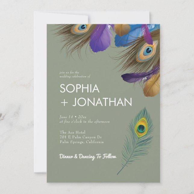Invitation Peacock Feather Sage Vert Mariage Moderne Chic (Devant)