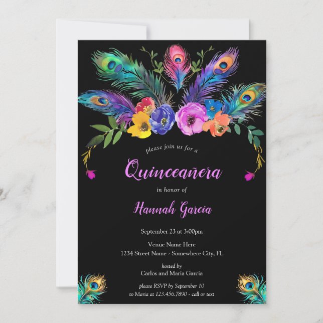Invitation Peacock Feathers & Fleurs Black Quinceañera (Devant)