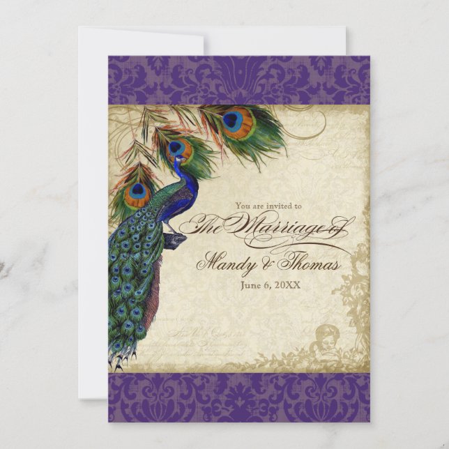 Invitation Peacock & Feathers Mariage formel Inviter violet (Devant)