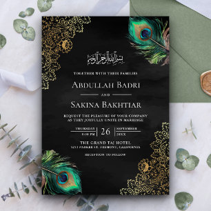 Invitation Peacock Feathers QR Code Mariage musulman noir