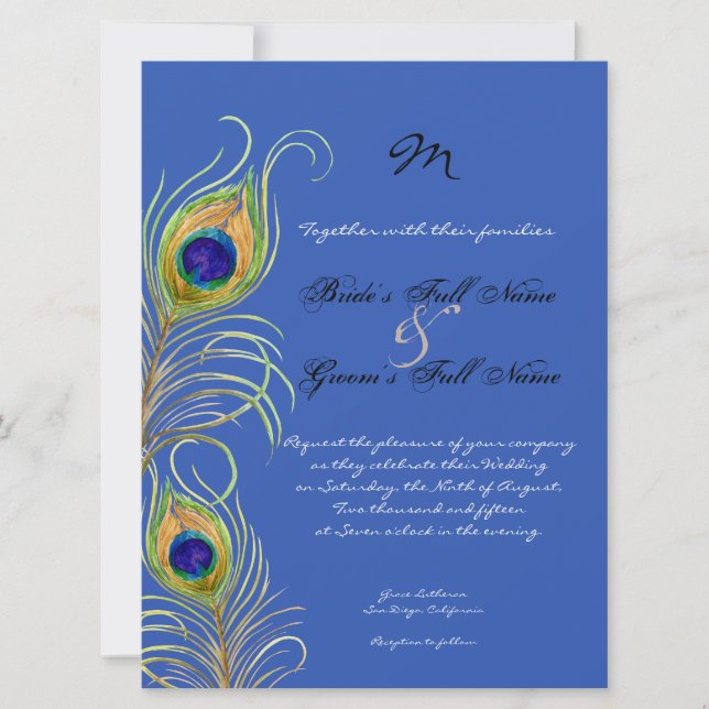 Invitation Peacock Feathers Royal Cobalt Blue Wedding Invite (Devant)