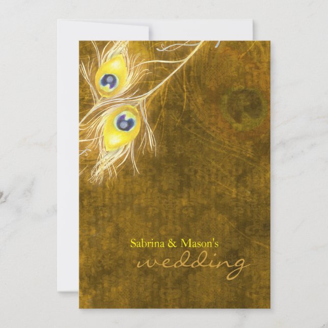 Invitation Peacock Feathers Rustic Fall Brown Mariage (Devant)