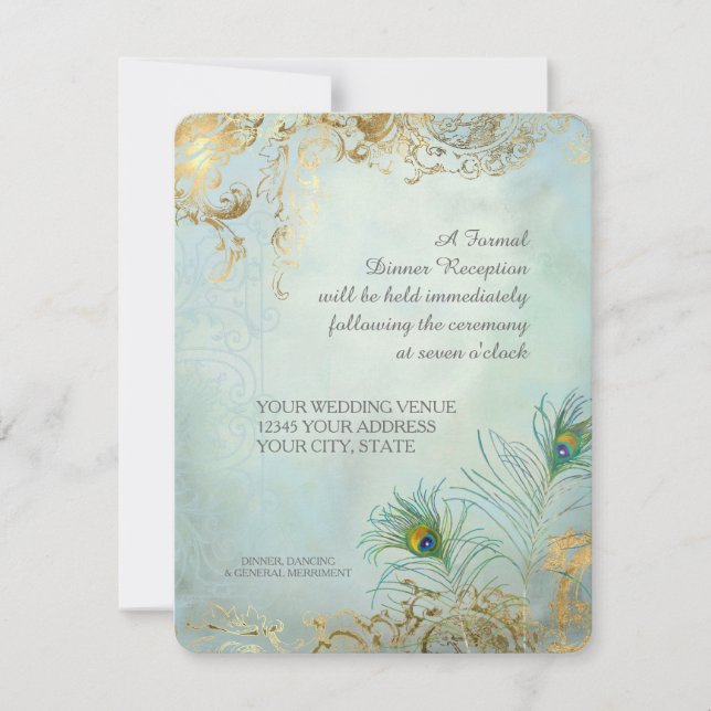 Invitation Peacock Feathers Soigné Mariage Dîner Réception (Devant)