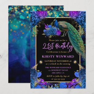 Invitation Peacock floral bleu et violet 21e anniversaire