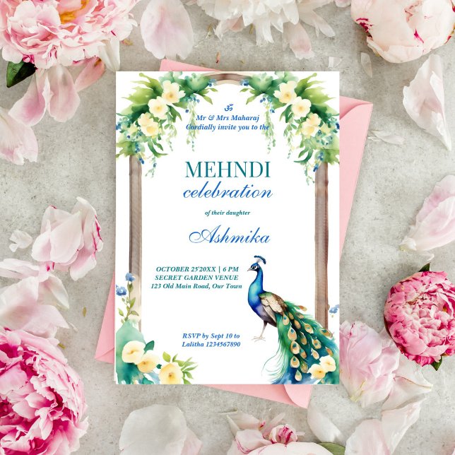 Invitation Peacock jasmine arche mariage indien mehndi (Peacock jasmine garden arch Indian wedding mehndi template invitation instant digital download)