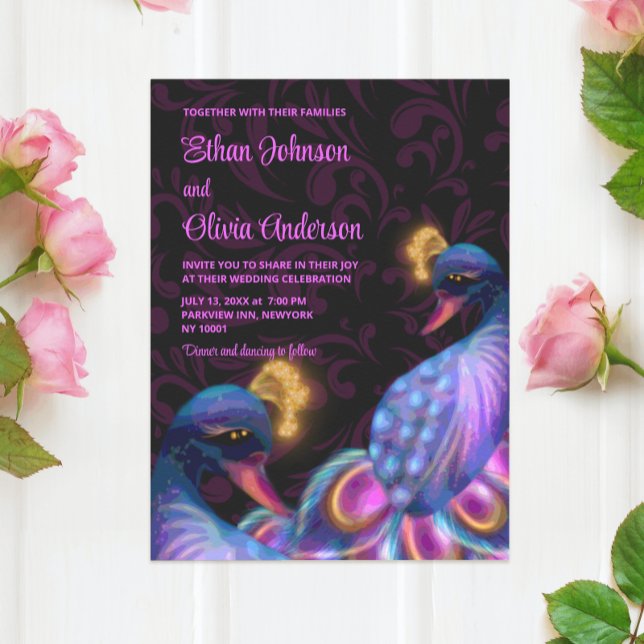 Invitation Peacock Jewel Tones Mariage Floral Moody violet (Créateur téléchargé)