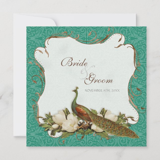 Invitation Peacock Magnolia Floral Swirl Mariage damassé (Devant)