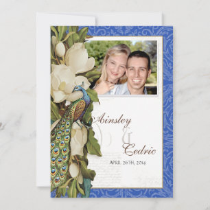 Invitation Peacock Magnolia Floral Swirl Mariage damassé