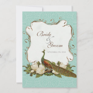 Invitation Peacock Magnolia Floral Swirl Mariage damassé