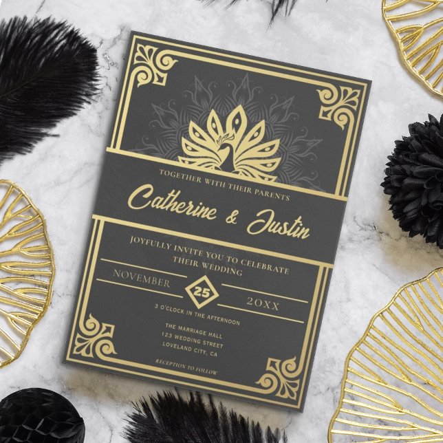 Invitation Peacock or et Mariage noir Art déco moderne (Créateur téléchargé)