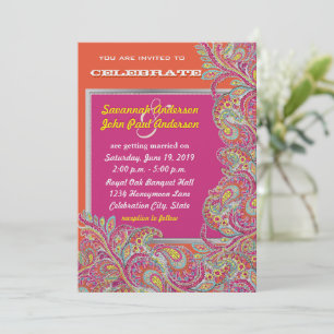 Invitation Peacock Paisley Tangerine Mustard Jaune Fuchsia