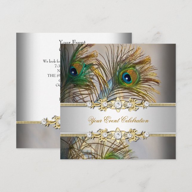 Invitation Peacock Turquoise Blue Gold Elegant Party (Devant / Derrière)