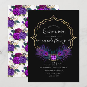 Invitation Peacock Vintage violet et or Quinceañera