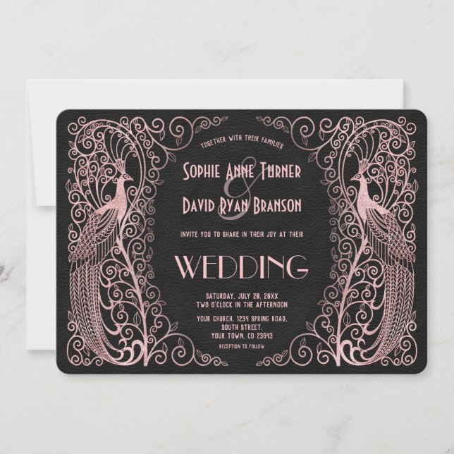 Invitation Peacocks Art Déco rose Noir Mariage Inviter (Devant)