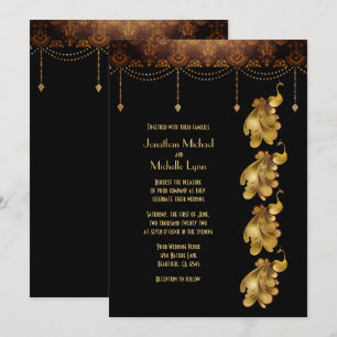 Invitation Peacocks d'or, égyptien ancien, Mariage Art déco