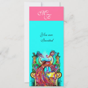 Invitation PEACOCKS EN AMOUR MONOGRAM rose turquoise bleu ver
