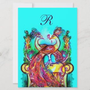 Invitation PEACOCKS IN LOVE MONOGRAM rouge bleu turquase vert