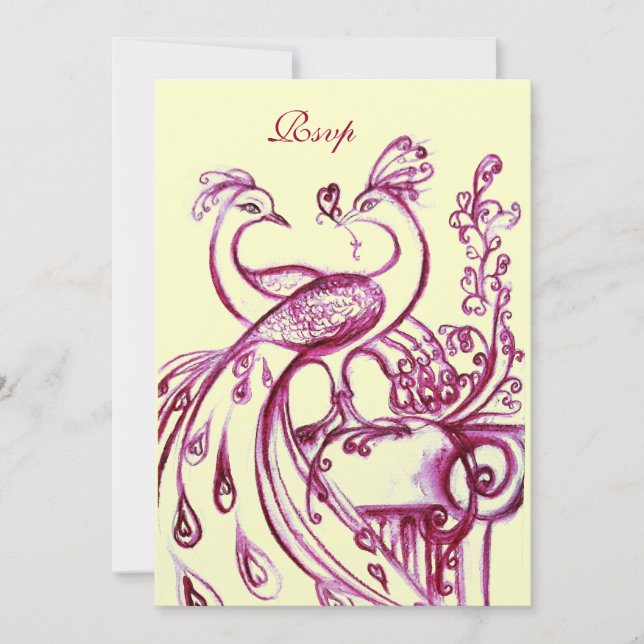 Invitation PEACOCKS IN LOVE RSVP, or rose bordeaux rouge (Devant)