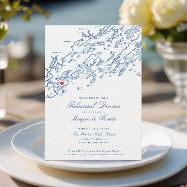 Invitation Peaks Island Maine Marine Blue Mariage Rehearal (Peaks Island Maine Wedding Rehearsal Dinner Invitation for an elegant navy blue Casco Bay Wedding)