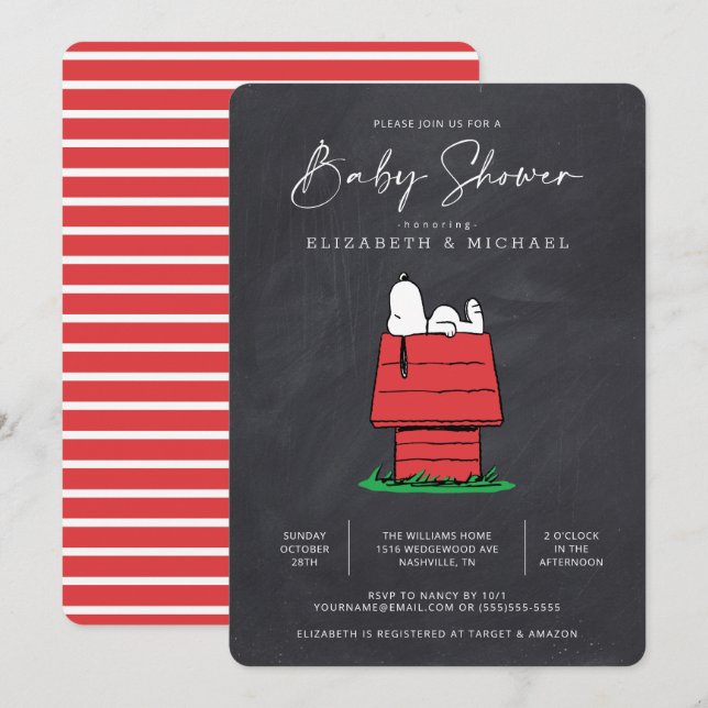 Invitation Peanuts Snoopy Dog House - Chalkboard Baby shower (Devant / Derrière)