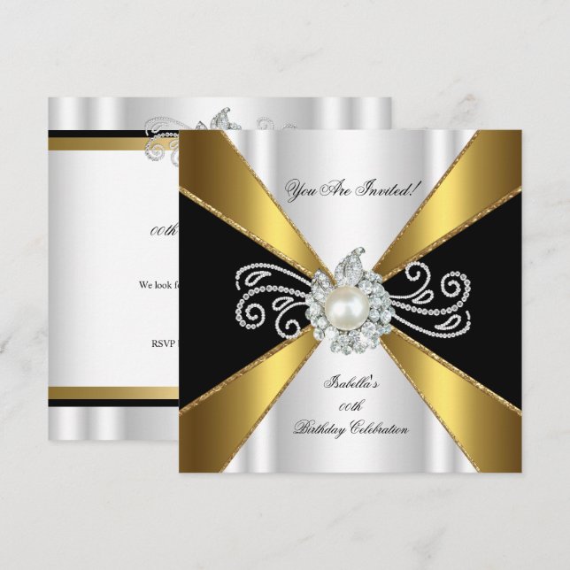 Invitation Pearl Black Gold White Diamond Anniversaire (Devant / Derrière)