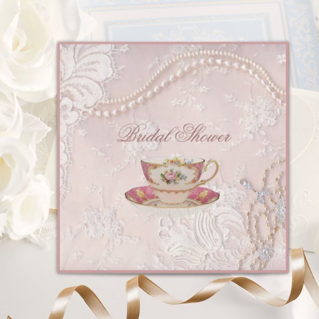 Invitation Pearl Blush dentelle rose podal Tea Party Invitati (Pearl Blush pink lace bridal Tea Party Invitation)