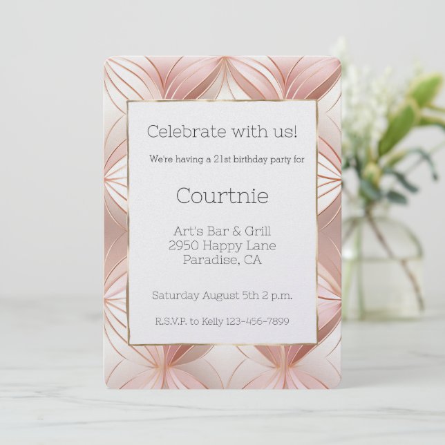 Invitation Pearl Blush Rose Rose Or Abstrait 21e anniversaire (Debout devant)