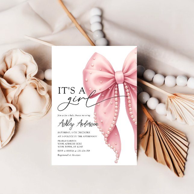 Invitation Pearl Bow c'est une fille Baby shower rose (Créateur téléchargé)