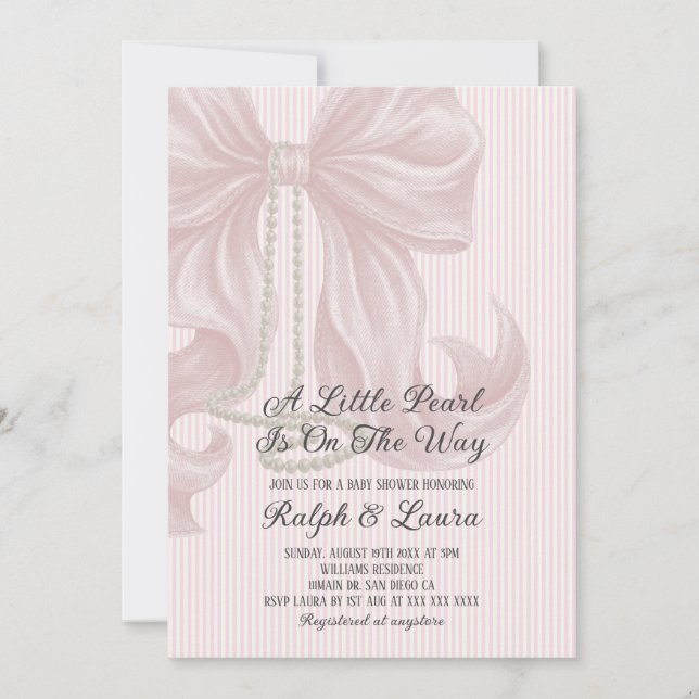 Invitation Pearl Bow Girl Baby Shower (Devant)