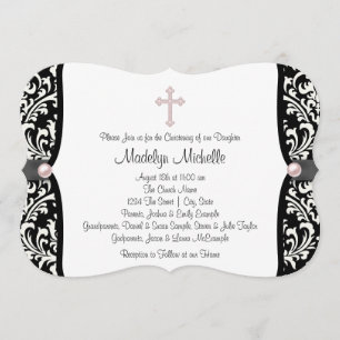 Invitation Pearl Cross rose noir Damask Christening