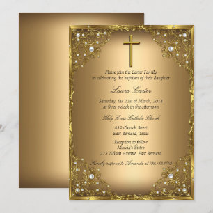 Invitation Pearl Damask Cross Gold Baptême/Christening