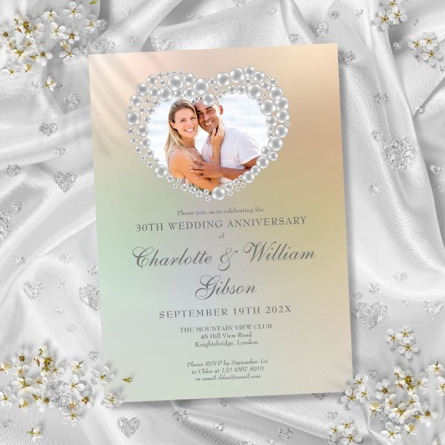 Invitation Pearl Heart Photo 30e anniversaire du Mariage (Pearl Heart Photo 30th Wedding Anniversary Invitation)