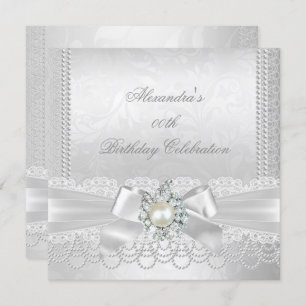 Invitation Pearl Lace Damask Diamond Silver White Bow Party