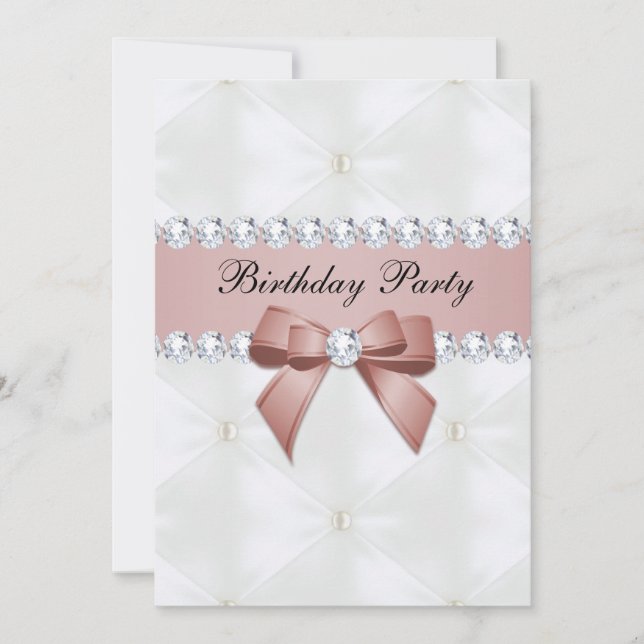 Invitation Pearl Quilé & Rose Gold Jewel Bow Anniversaire (Devant)