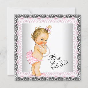 Invitation Pearl rose Grey Vintage bébé fille douche