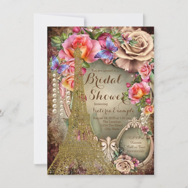 Invitation Pearl Rose Vintage Paris Fête des mariées (Devant)