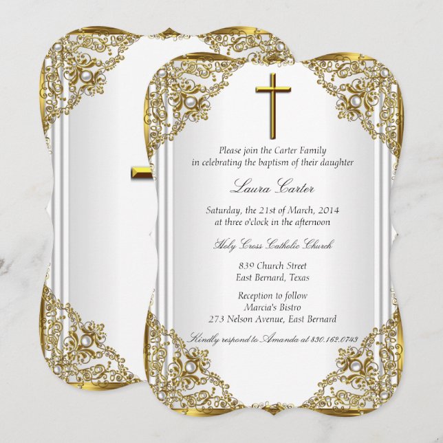 Invitation Pearle d'or blanc Damask Cross Baptism Christening (Devant / Derrière)