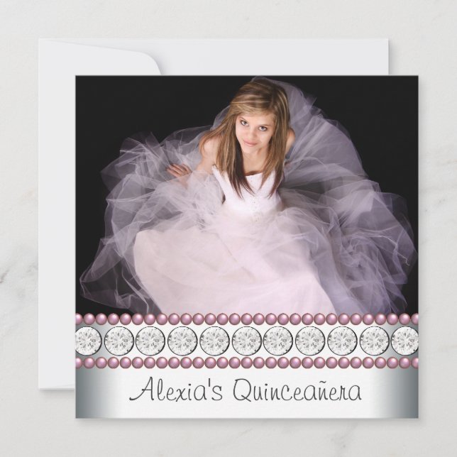 Invitation Pearle rose blanc rose Photo Quinceanera (Devant)