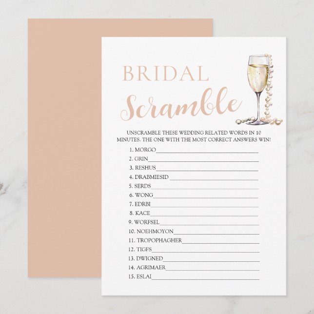 Invitation Pearles d'or et Prosecco Bridal Word Scramble Jeu (Devant / Derrière)