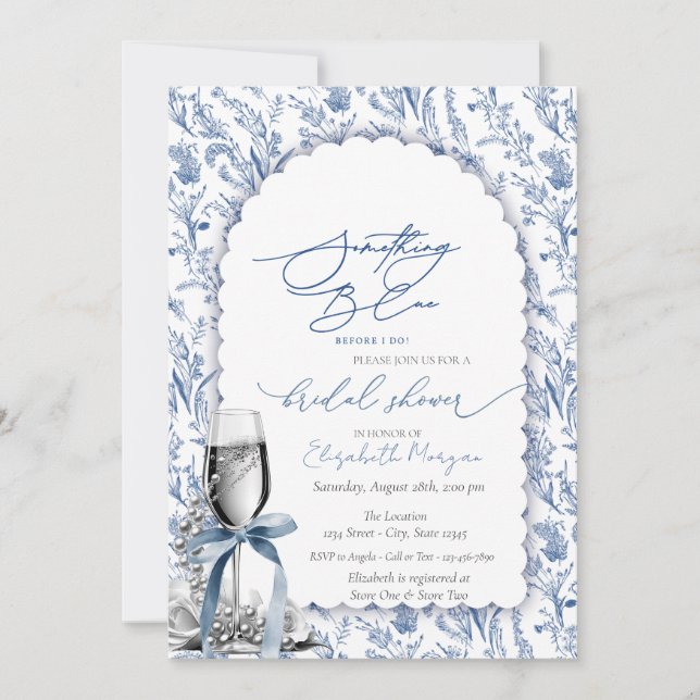 Invitation Pearles Fleurs sauvages de la Bow bleue et Prosecc (Devant)