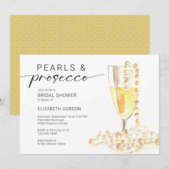 Invitation Pearls and Prosecco Bridal Shower Custom Minimal  (Devant / Derrière)