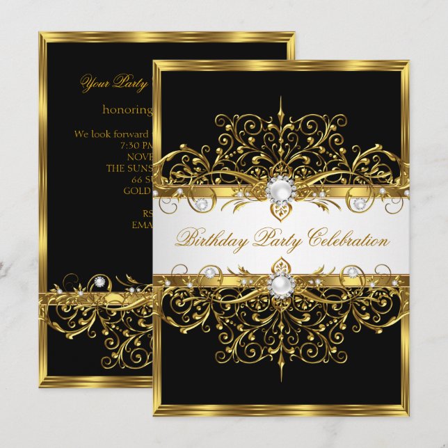 Invitation Pearls Black White Gold Élégante fête d'anniversai (Devant / Derrière)