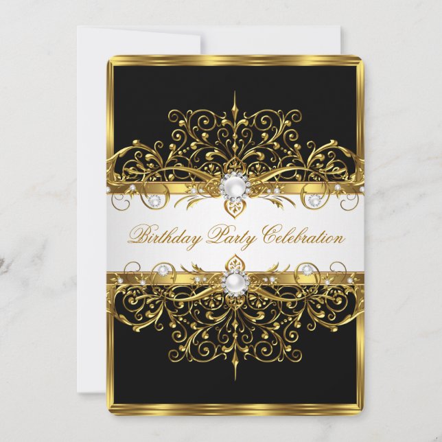 Invitation Pearls Black White Gold Élégante fête d'anniversai (Devant)