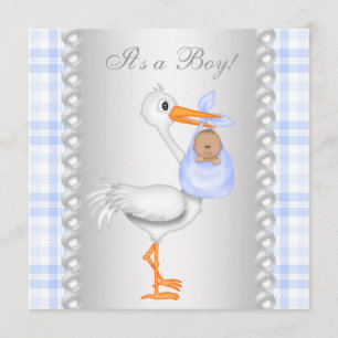 Invitation Pearls Blue En vichy cigogne bébé garçon douche